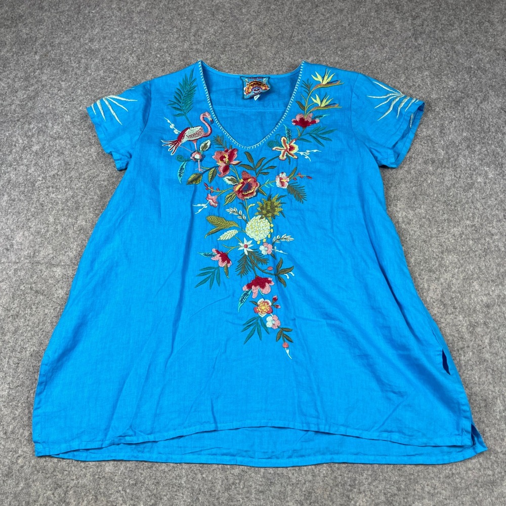 Johnny Was Nohea Linen Draped Tunic Womens Med Blue Embroidered Flamingo Floral